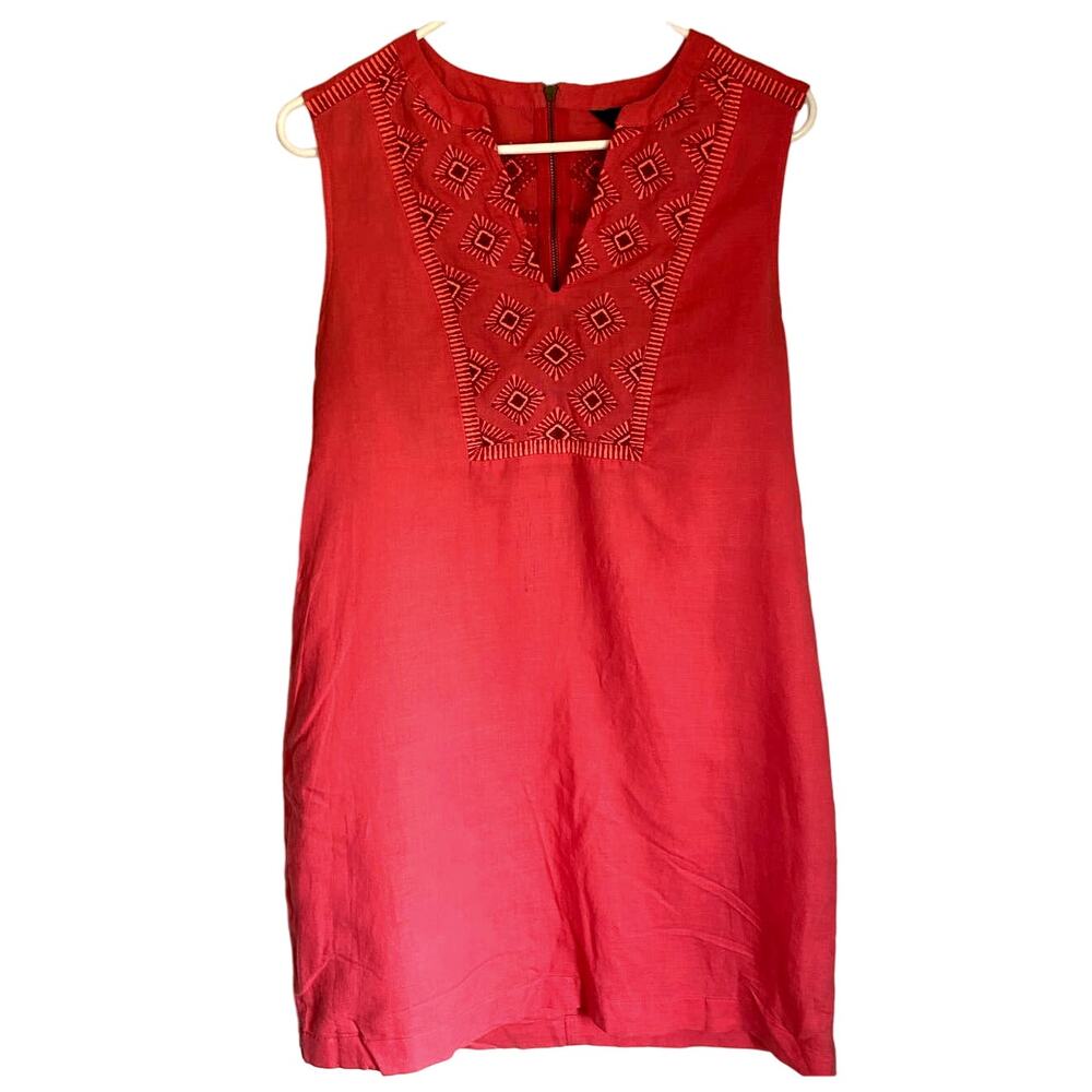Preppy J. Crew V Neck Summer Knee Length Shift Dress Size S Embroidered Linen